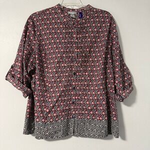 Catherines 3XWP Petite Floral Pintuck Button Up‎ Roll Tab Sleeve Blouse Red Blue